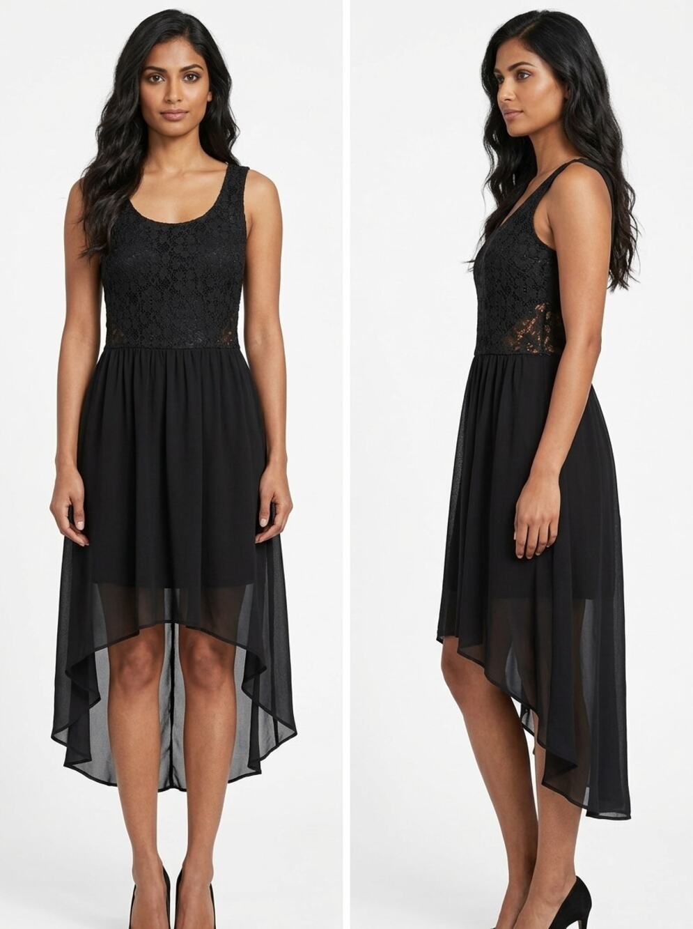 Guess Black Lace Bodice High-Low Chiffon Sleeveless Dress Women Size XS